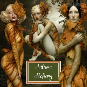 May include: Three figures adorned in autumn-themed attire featuring orange and brown leaf patterns, with one figure wearing a large leaf over their eye. A rectangular sign with an orange border and green center displays the text Autumn Alchemy.