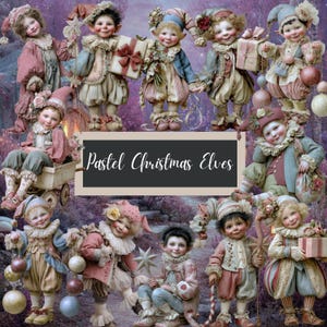 May include: A digital illustration featuring multiple pastel-colored Christmas elves. The elves are dressed in vintage-style clothing and holding gifts, ornaments, and stars. The text "Pastel Christmas Elves" is displayed on a black background.