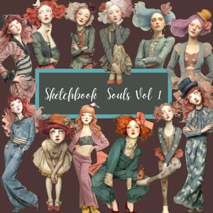 Könnte beinhalten: Ein digitaler Kunstdruck mit einer Sammlung stilisierter weiblicher Figuren mit aufwendigen Frisuren und Vintage-Kleidung. Das Kunstwerk trägt den Titel "Sketchbook Souls Vol 1" und ist vor einem dunkelbraunen Hintergrund angeordnet.