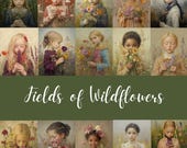 Vintage Floral Girl Painting: Whimsical  Junk Journal Prints (Digital Download) - Fields of wildflowers
