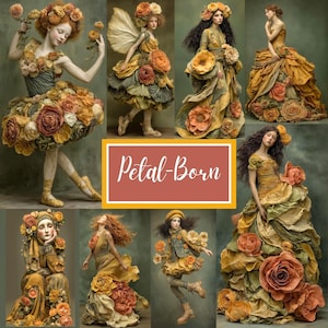 Peut inclure: Un collage d'images présentant des personnages vêtus de costumes floraux élaborés. Les tenues intègrent de grandes fleurs réalistes dans des tons orange, jaune et vert. Le texte "Petal-Born" est affiché dans un encadré rectangulaire.