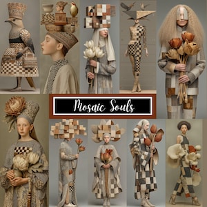 Peut inclure: Plusieurs figures vêtues de tenues et de coiffes à motifs de mosaïque, tenant des fleurs. Les tenues présentent des motifs marron, beige et à carreaux. Le texte "Mosaic Souls" est affiché en blanc sur fond marron.