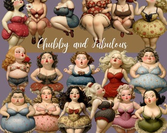Chubby and Fabulous - 133 Curvy Lady Images + 12 Backgrounds , Funny Woman, Quirky Fat Woman ,  Collage Printable Junk Journal Scrapbook