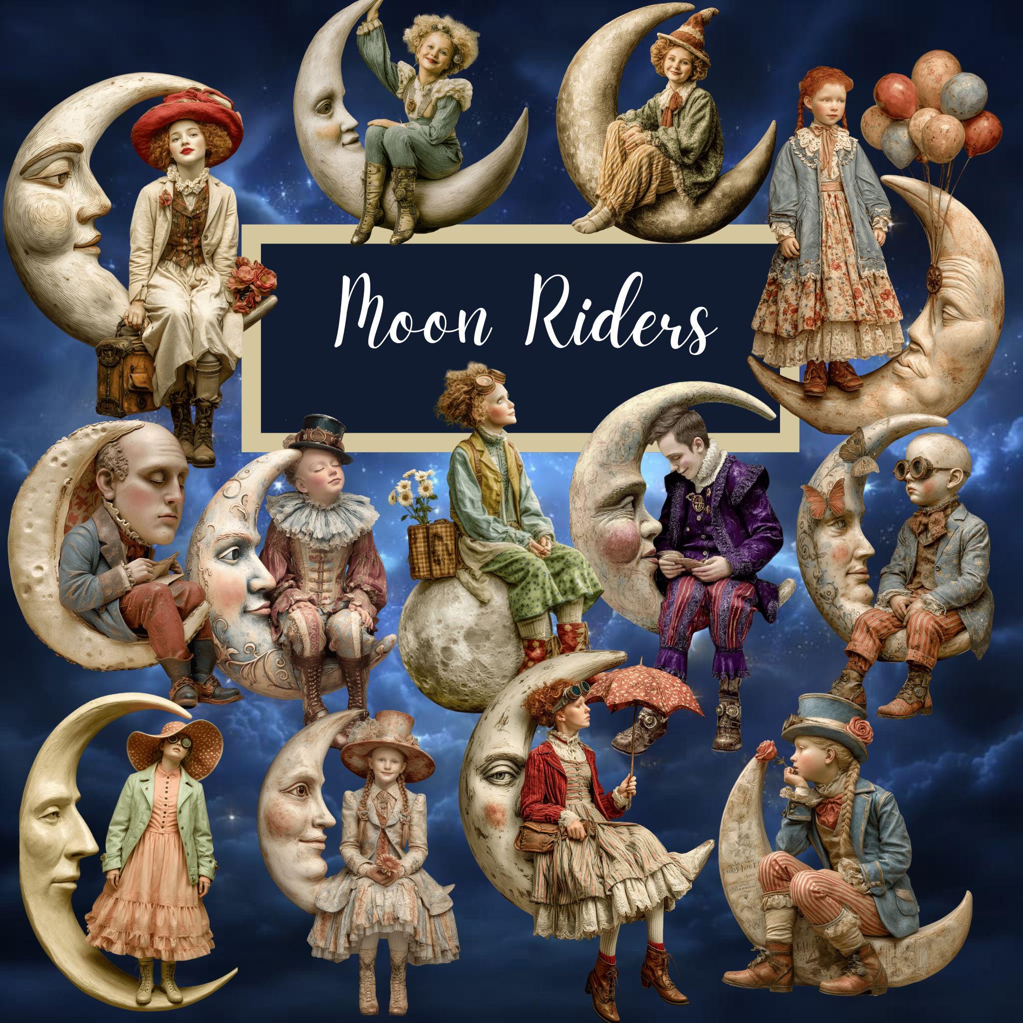 Moon Riders Clipart: Vintage Fantasy, Whimsical Crescent Moon (digital ...