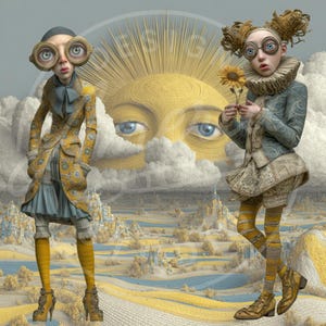 May include: An artistic digital illustration featuring two figures with large, round eyeglasses and whimsical attire. One figure wears a yellow coat and blue skirt, the other holds a sunflower. A yellow sun with blue eyes and a landscape with castles are in the background.