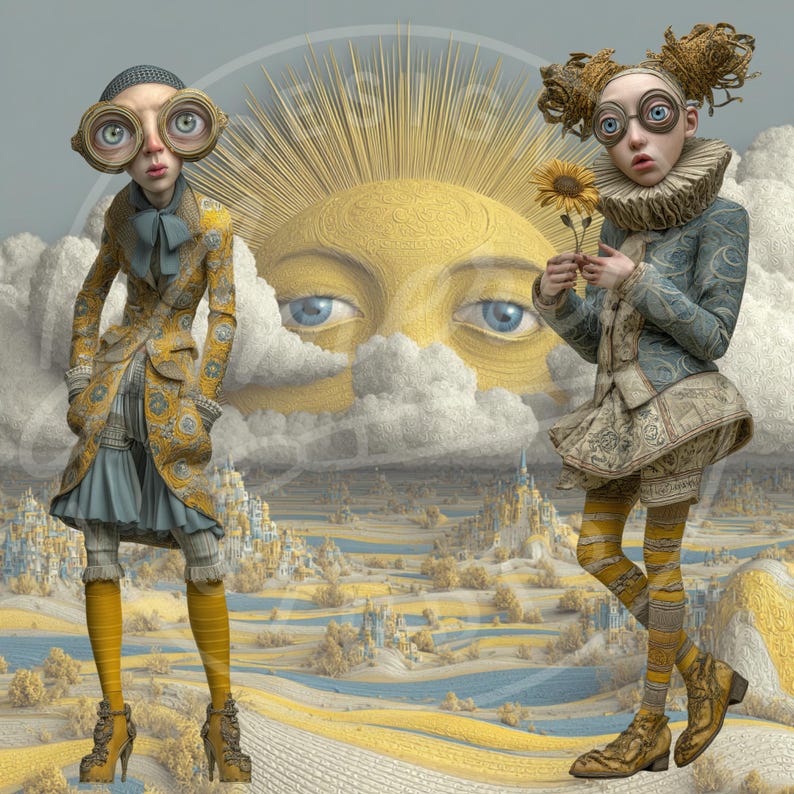May include: An artistic digital illustration featuring two figures with large, round eyeglasses and whimsical attire. One figure wears a yellow coat and blue skirt, the other holds a sunflower. A yellow sun with blue eyes and a landscape with castles are in the background.
