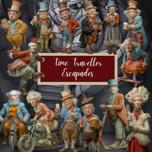 Peut inclure: Illustration fantaisiste avec plusieurs personnages âgés vêtus de tenues vintage, pratiquant diverses activités. Certains sont sur des patins à roulettes, des scooters et des planches à roulettes. Le texte "Time Traveller Escapades" est sur un fond bordeaux.