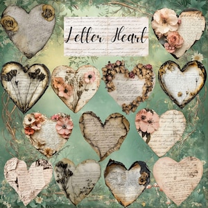 Letra de corazón, 30 cartas de amor en forma de corazón, efímeras, cartas de amor antiguas, archivos PNG imprimibles, manualidades de papel, diario basura, descarga digital, CU