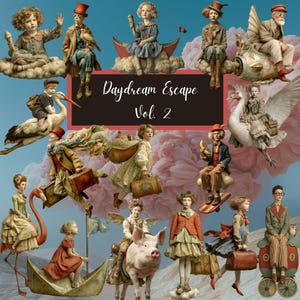 Daydream Escape Volume 2 | Surreal People Clipart | 64 PNGs + 23 Backgrounds | Whimsical Vintage art , Collage, Mixed Media, Junk Journaling