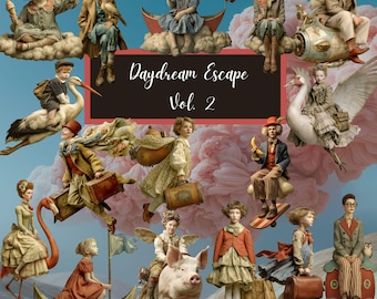 Daydream Escape Volume 2 | Surreal People Clipart | 64 PNGs + 23 Backgrounds | Whimsical Vintage art , Collage, Mixed Media, Junk Journaling