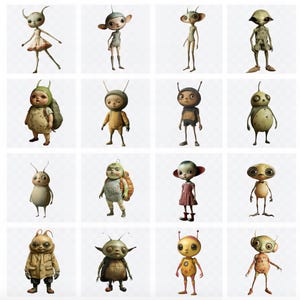 May include: A collection of 16 whimsical, cartoon-like alien figures with various colours, clothing, and accessories. The figures are standing on a white background.