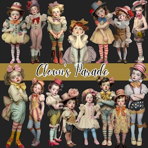 Clown Parade  Whimsical Circus Pierrots , 65 pngs ,Vintage Digital Art, Quirky Kids, Funny Children Scrapbooking supplies , Card Making CU