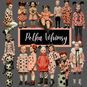 Puede incluir: Un grupo de figuras vestidas con trajes de lunares rosas y negros. Las figuras, incluyendo niños y adultos, están adornadas con accesorios caprichosos como alas de mariposa y orejas de ratón. El texto "Polka Whimsy" se muestra sobre un fondo negro.