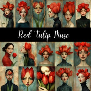 Red Tulip Muse: bloemencollectie vrouwen clipart, 42 portretten rode tulp thema – perfect voor knutselaars, tijdschriften en scrapbooking, CU