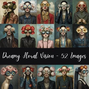 Visiones florales de ensueño: 53 diarios basura en formato JPEG, rostros artísticos de mujeres, arte digital, damas florales, arte surrealista, suministros para álbumes de recortes CU