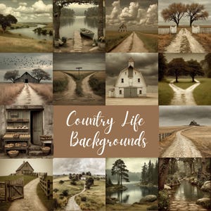Puede incluir: Un collage de imágenes en tonos sepia que representan varias escenas campestres. Las imágenes incluyen caminos de tierra, graneros, un lago con un bote y una panadería. El texto "Country Life Backgrounds" se muestra en el centro.