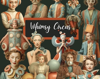 Whimsy Circus – 89 PNGs & 33 Magical Backgrounds | Quirky Vintage Bauhaus Circus Characters