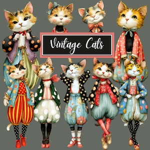 Clipart de Gato Vintage – Cuento de Acuarela. 33 Personajes Felinos – Estilo Muñecas de Papel Originales – Conjunto de Clip Art de Gatos Adorables