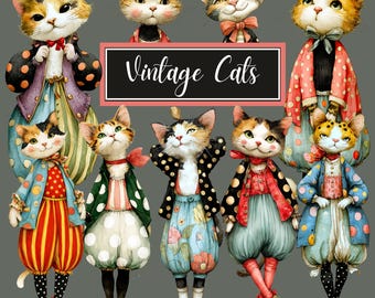 Vintage Cat  Clipart – Watercolor Storybook . 33 Cats Characters– Whimsical Paper Dolls Style – Cute Cat Clip Art Set