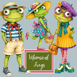 May include: Three illustrated green frogs with human-like features. One wears a straw hat, striped shirt, and shorts. Another wears a floral dress and straw hat with a basket. The third wears a purple beret, glasses, and yellow dress. Text reads Whimsical Frogs.
