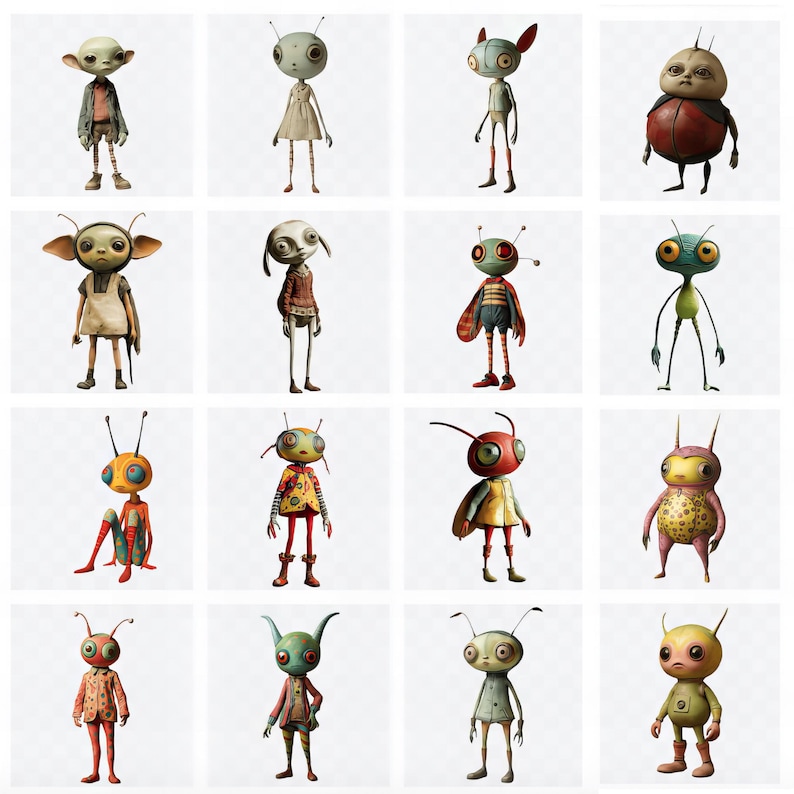 May include: A collection of 16 whimsical, colourful, and detailed figurines of various alien-like creatures. Each figurine has a unique design and personality, with different colours, patterns, and accessories.