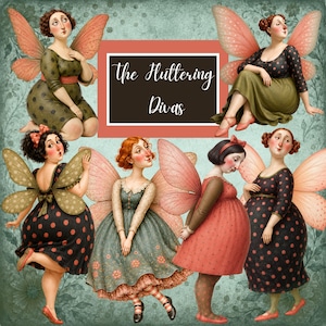 Pode incluir: Ilustração de seis figuras caprichosas com asas de fadas, vestidas com vestidos em estilo vintage. As figuras estão em várias poses, com uma moldura retangular central que diz "The Fluttering Divas" em uma escrita elegante. A paleta de cores inclui verdes, rosas e pretos.