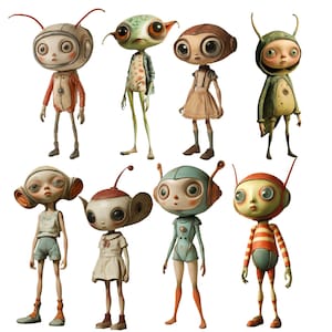 May include: A collection of eight whimsical, colourful, and detailed figurines of alien-like characters. Each figurine has a unique design and features a variety of colours, including green, red, blue, yellow, and white.