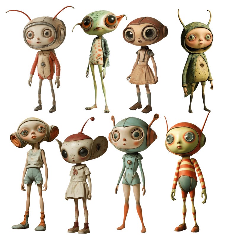 May include: A collection of eight whimsical, colourful, and detailed figurines of alien-like characters. Each figurine has a unique design and features a variety of colours, including green, red, blue, yellow, and white.