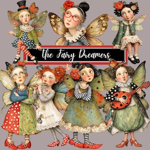 May include: A selection of illustrations featuring fairies with butterfly wings and floral decorations. The fairies wear various outfits. The text "The Fairy Dreamers" is displayed on a black and red banner.