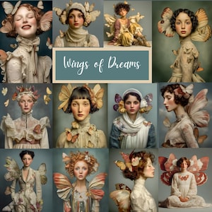 May include: A collage of portraits featuring women adorned with butterfly wings and butterfly accents in their hair and clothing. The text "Wings of Dreams" is displayed on a teal background. The images have a vintage, artistic aesthetic.