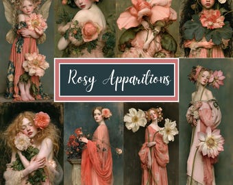 Floral Women Clipart, Vintage Pink Portraits, Printable Art, Junk Journal Ephemera, 94 Romantic Botanical Ladies, Digital Download