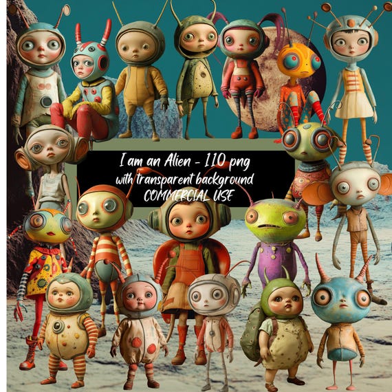 Alien Clipart Set: Whimsical PNG Graphics for Junk Journals (Digital Download)