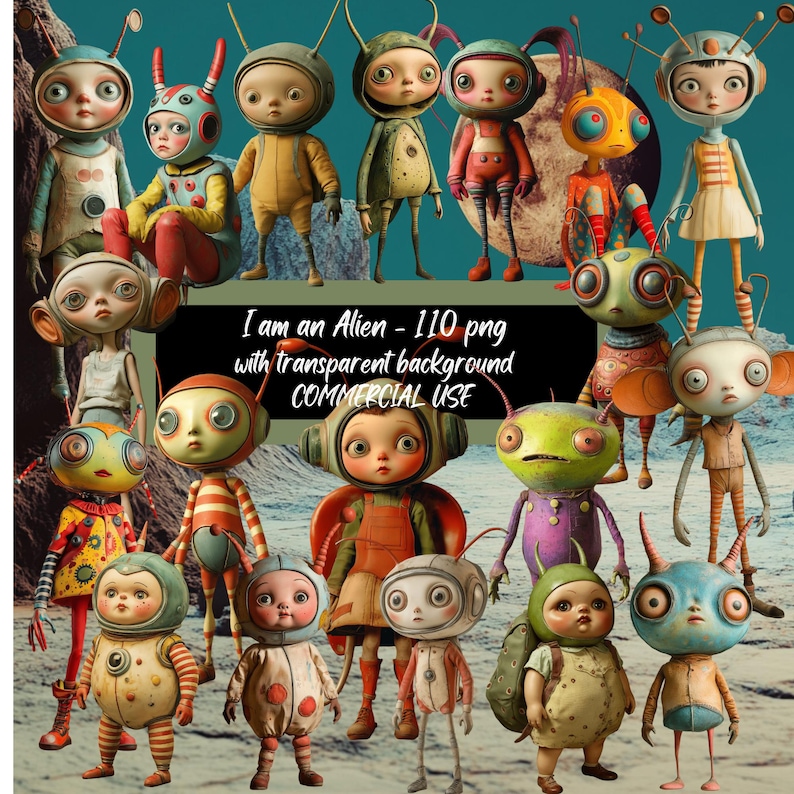 May include: A collection of 18 whimsical alien characters with various colours, patterns, and expressions. The characters are cartoon-like and have large eyes, antennae, and colourful clothing. The text "I am an Alien - 110 png with transparent background COMMERCIAL USE" is displayed in the centre of the image.