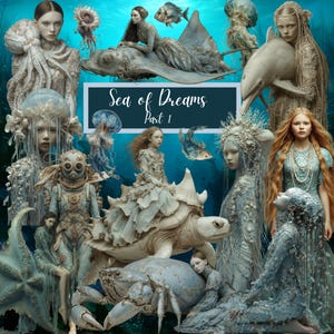 以下が含まれることがあります： 幻想的な水中シーンを描いたデジタルアート。人魚のような姿、魚やイルカなどの海洋生物が、青と白のグラデーションで表現されています。「Sea of Dreams Part 1」の文字が確認できます。