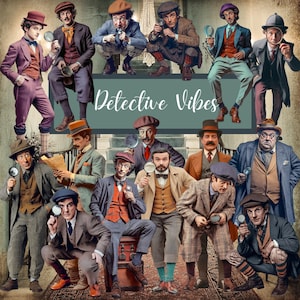 Könnte beinhalten: Eine Gruppe von Männern in Vintage-Detektivkleidung, jeder mit einer Lupe. Das Bild zeigt eine Vielzahl von Outfits, darunter Anzüge, Westen und Hüte, mit einem türkisfarbenen Banner mit der Aufschrift "Detective Vibes". Die Ästhetik erinnert an einen Vintage-Detektivroman.