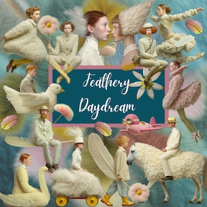 Może przedstawiać: Kapryśny kolaż przedstawiający postacie w kremowych strojach, niektóre ze skrzydłami przypominającymi pióra, a inne dosiadające fantazyjnych stworzeń. Obraz zawiera tekst "Feathery Daydream" na turkusowym tle, z miękką, kolorową i senną estetyką.