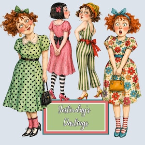 May include: Four illustrated figures wearing vintage-style clothing, including a green polka dot dress, a pink dress with black striped stockings, a green striped jumpsuit, and a floral dress. A rectangular sign below reads Yesterday's Darlings.