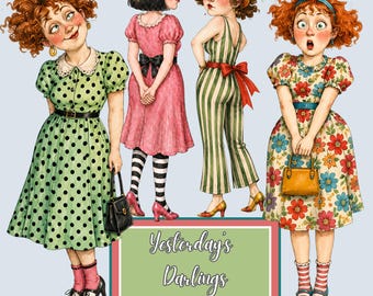 Printable Vintage Paper Dolls, 53 Retro Girls and Women PNG Characters for Junk Journaling, Digital Scrapbooking