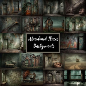 Peut inclure: Un collage de fonds d'art numérique représentant des lieux abandonnés. Les images présentent divers éléments architecturaux tels que des portes, des fenêtres et des escaliers, avec une esthétique vieillie et délabrée. Le texte "Abandoned Places Backgrounds" est affiché sur fond noir.