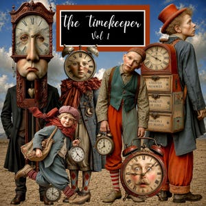 May include: A surreal digital art piece featuring figures with clock faces and antique clocks. The text "The Timekeeper Vol 1" is displayed in a black box. The figures are dressed in vintage clothing, set against a desert landscape and cloudy sky.