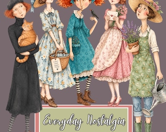 Printable Paper Dolls Clip Art, Vintage Women, 58 Whimsical PNG Characters, 41 Rustic Backgrounds JPEGs, Scrapbooking