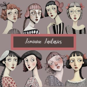 Fantasie femminili - Surreal Sketch Art, 37 png di illustrazioni estetiche femminili, opere d'arte astratte di donne, arte digitale per collage, CU