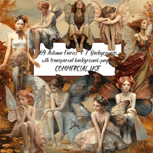 Può includere: Un collage digitale di 7 fate autunnali con ali, ciascuna con una posa ed un'espressione diverse. Le fate indossano abiti diversi, tra cui vestiti, gonne e top. Lo sfondo è un'immagine sfocata di foglie autunnali. Il testo "59 Autumn Fairies & 7 Backgrounds with transparent background-png COMMERCIAL USE" è visualizzato al centro dell'immagine.