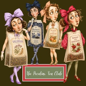 Puede incluir: Una ilustración de cuatro figuras con disfraces de bolsitas de té etiquetadas como Valerian, Blueberry & Earl Grey, Peach and Apricot y Rosehip and Hawthorn, con un letrero rectangular que dice The Peculiar Tea Club en letras blancas.
