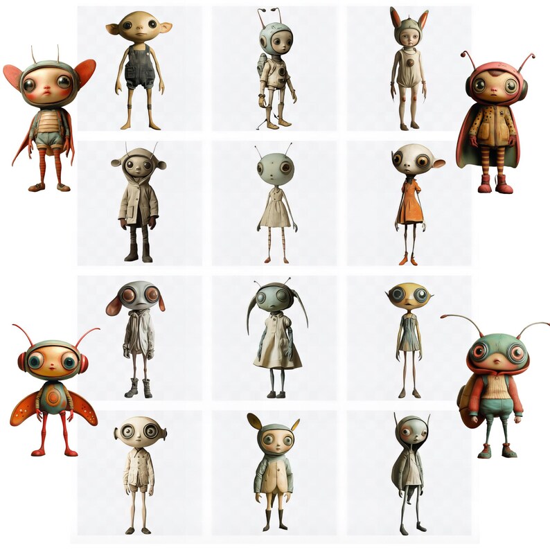 May include: A collection of 12 whimsical, cartoon-like alien figures with various outfits and accessories. The figures are all standing on a white background.