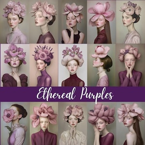 Etherische paars - 41 bloemen vintage vrouwen in paarse tinten, digitale kunst, junk Journal Supplies, romantische dames clipart scrapbook kit, CU