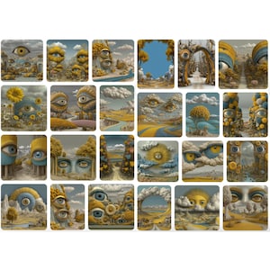 May include: A collection of 24 surreal art prints featuring landscapes with eyes, clouds, and trees. The color palette includes yellow, blue, and brown tones. Each print has a unique composition, creating a dreamlike atmosphere.