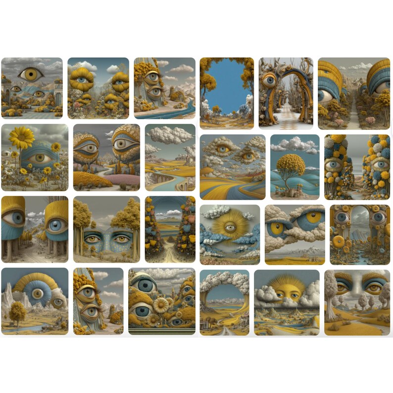 May include: A collection of 24 surreal art prints featuring landscapes with eyes, clouds, and trees. The color palette includes yellow, blue, and brown tones. Each print has a unique composition, creating a dreamlike atmosphere.