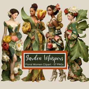 May include: Four figures in floral-themed attire. The women are adorned with large flower and leaf designs, with a variety of colors including green, yellow, and red. The image includes the text "Garden Whispers" and "Floral Women Clipart - 57 PNGs".