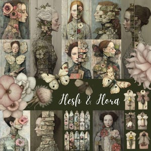 Flesh & Flora 96 jpeg surrealistische personages met bladeren bloemen kruiden botanische collagepapier 95 tags-elementen, digitale kunst, junkjournals